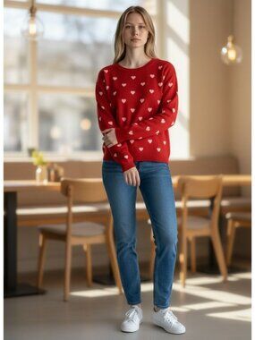 Talbots Womens Red Heart Print Sweater Small Petite Cotton Rayon Blend Valentine